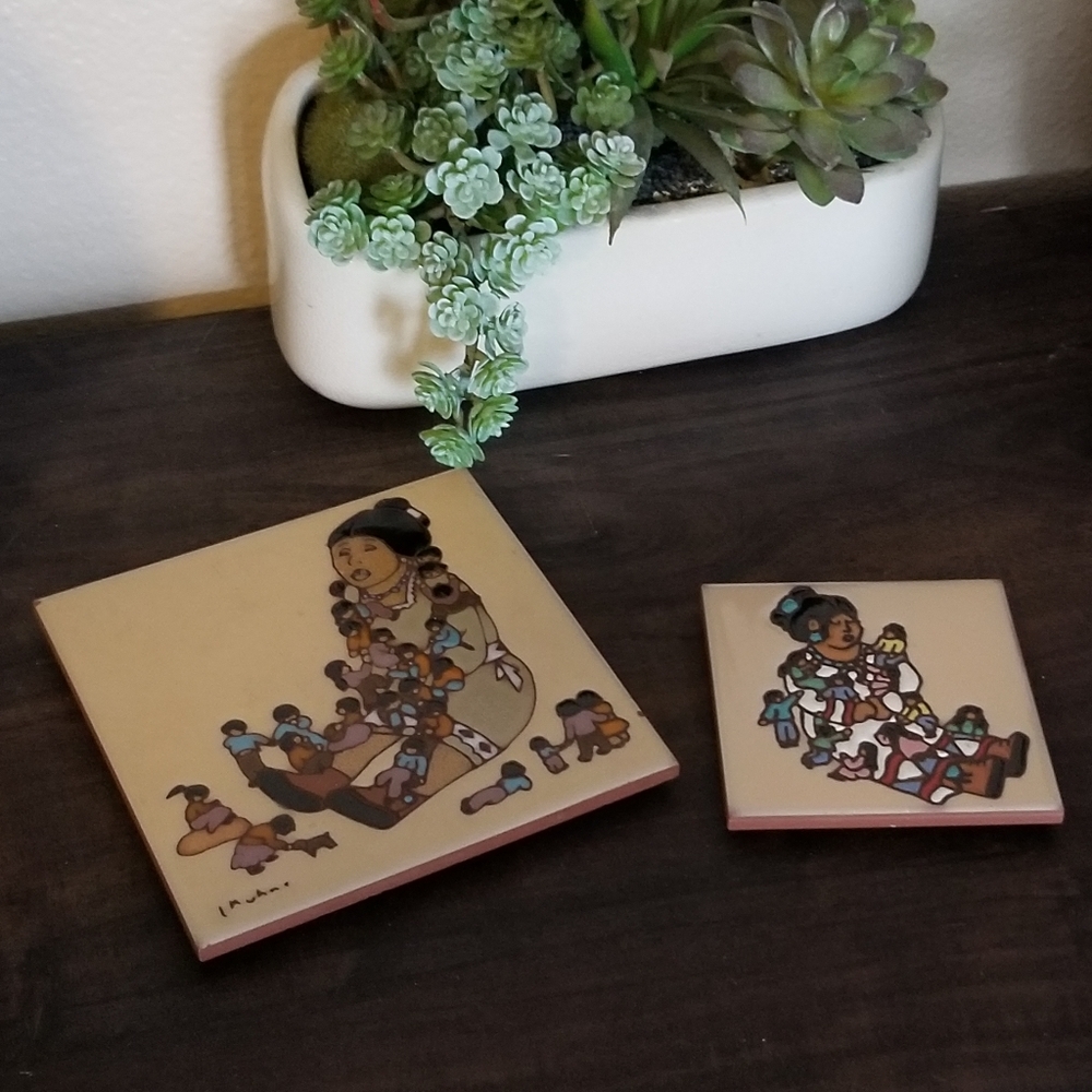 Vintage Earthtones Tabletop Trivet Home Decor L. Kuhne 1990 The Storyteller Pair
